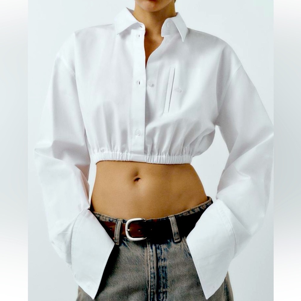 Zara Preowned Cropped Gabardine Shirt Size S White